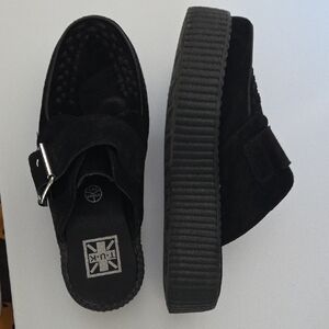 T.U.K Black Suede Platform Clog Mules with Buckle Detail